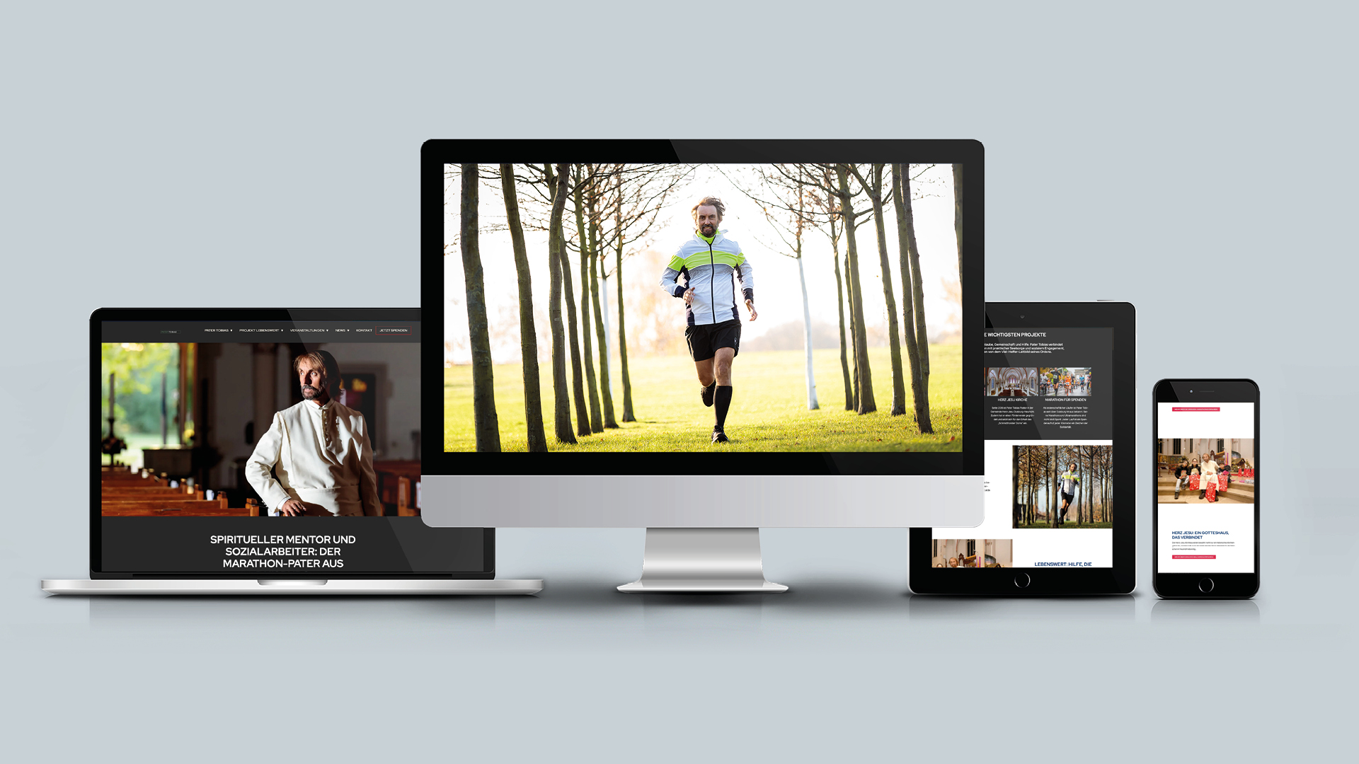 Responsive Website-Design für einen spirituellen Mentor und Marathon-Pater, gezeigt auf Laptop, Desktop, Tablet und Smartphone – Referenz der Kreativagentur N3W für Marken und digitale Lösungen.