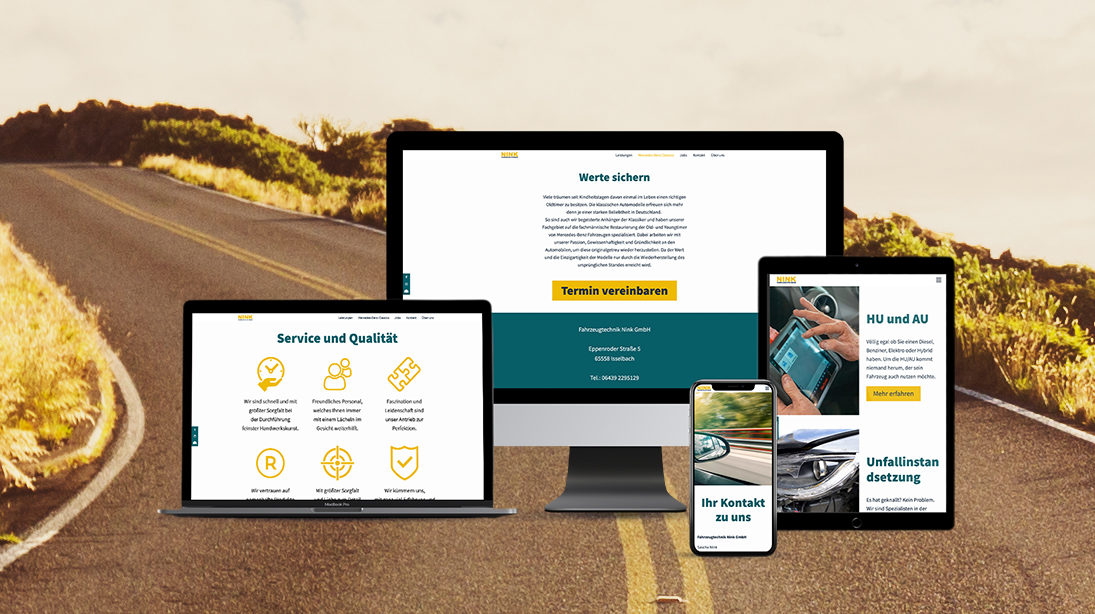 Responsive Webdesign für eine Autowerkstatt-Website (Laptop, Desktop, Tablet, Smartphone) mit Inhalten wie 