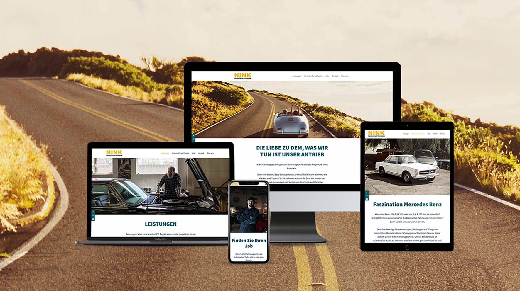 Referenzbild der responsiven NINK-Website, die auf Laptop, Desktop, Smartphone und Tablet angezeigt wird, mit Fokus auf klassische Mercedes-Benz-Autos und automotivem Service.