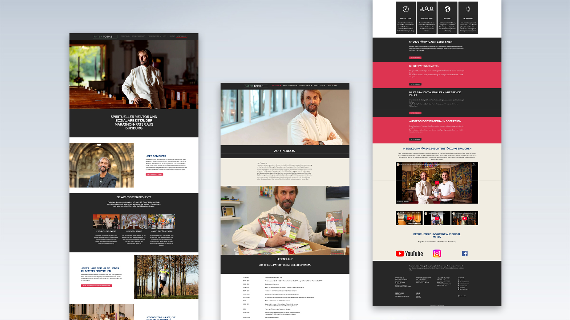 Website-Design für Pater Tobias, einen spirituellen Mentor und Sozialarbeiter, von der Kreativagentur N3W. Das Layout zeigt Abschnitte wie 